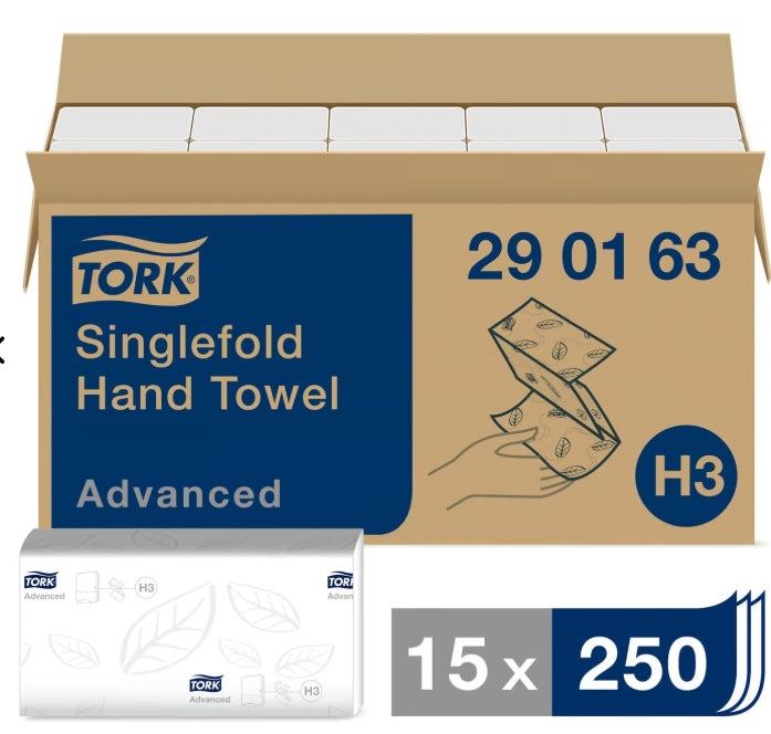 Pappershandduk Tork 23 x 24,8cm 2-lag Enkelvikt H3 / 3750