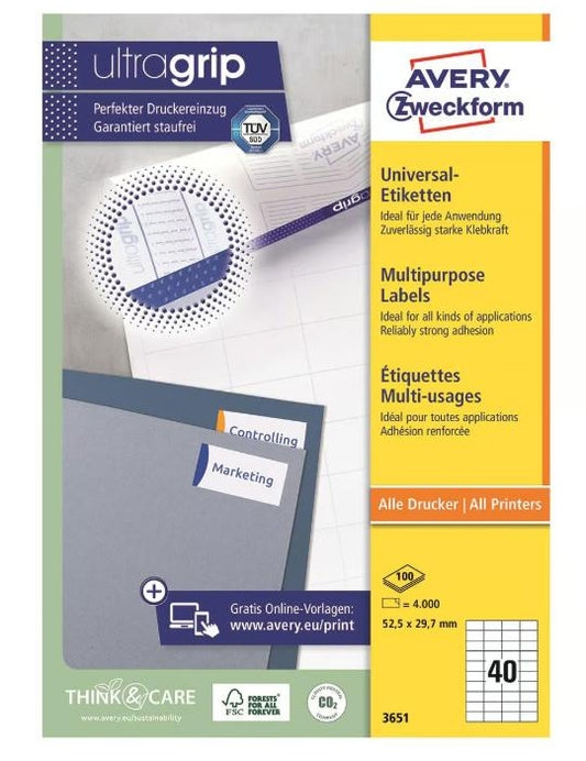 Etikett Avery Vit 52,5 x 29,7mm / 4000