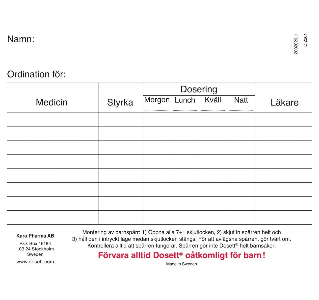 Ordinationskort till Doseringsask Dosett Medi / 100