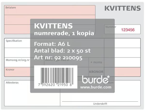 Kvittens/Kvittoblock A6 numrerad 2x50 blad / 5