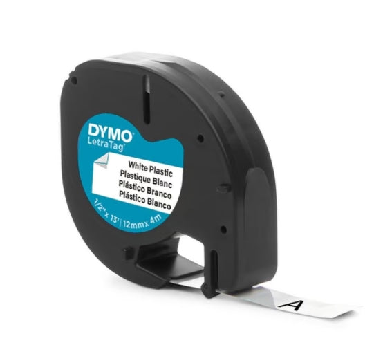 Märktejp Dymo LetraTag Svart på Vit 12mm x 4m