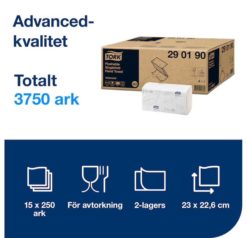 Handduk Tork Singelfold H3 Advanced 2-lag 23 x 23cm / 3750