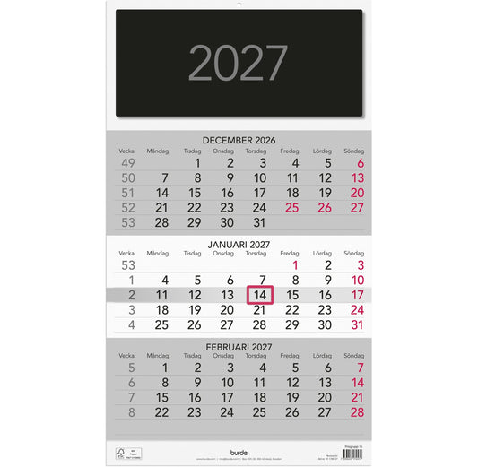 Burde Väggkalender Triplaner Elegant 2027 Burde - 1745