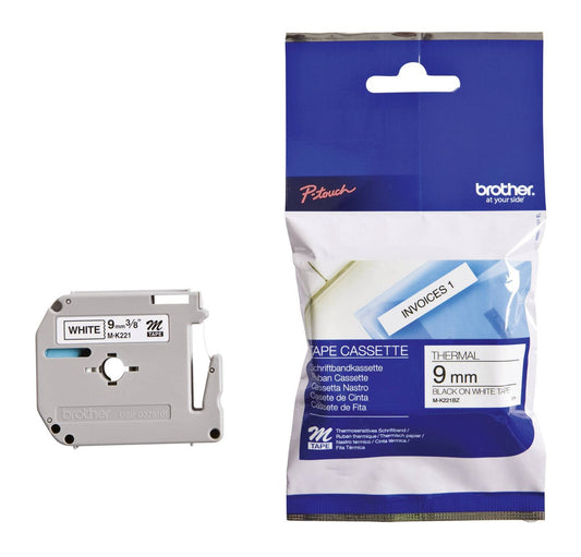 Merkingstape Brother MK211 9mm x 8m svart tekst på hvit bakgrunn