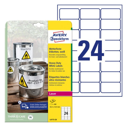 Etikett Avery Heavy Duty Vit 63,5 x 33,9mm / 480